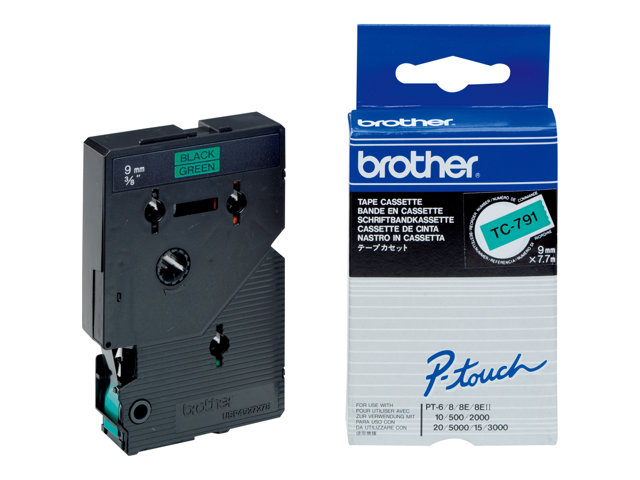 Brother TC791 - 9 mm x black on green - laminated tape - for P-Touch PT-2000, PT-3000, PT-500, PT-5000, PT-8E