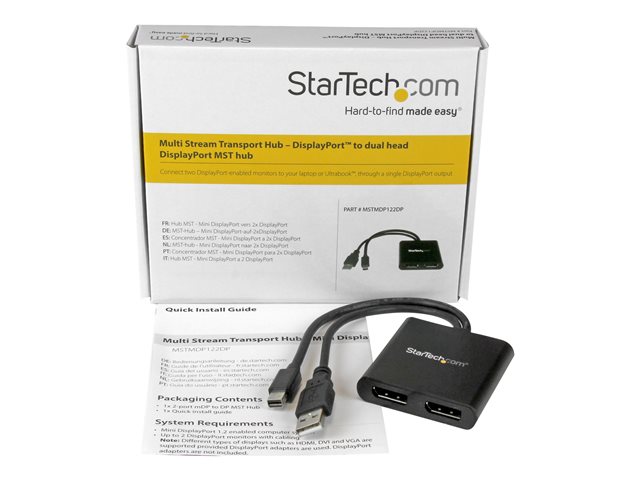 StarTech.com 2-Port Multi Monitor Adapter, Mini DisplayPort 1.2 to DisplayPort MST Hub, Dual 4K 30Hz, Windows Extended Desktop (MSTMDP122DP) - Video splitter - 2 x DisplayPort - desktop