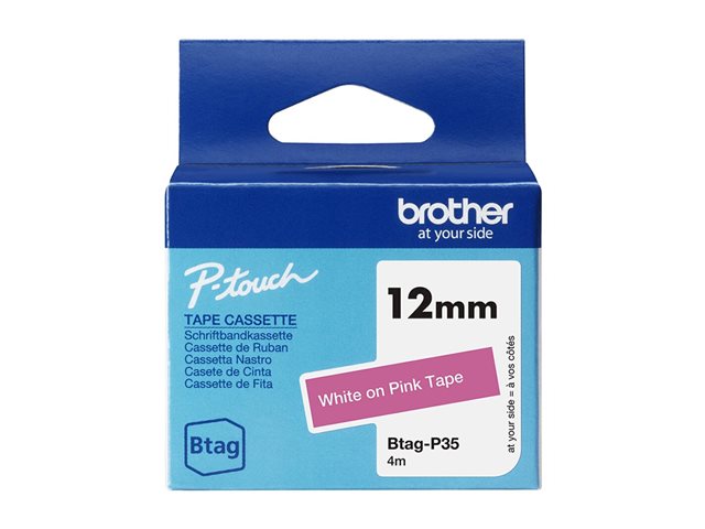 Brother BTAG-P35 - White on pink - Roll (1.2 cm x 4 m) 1 cassette(s) hanging box - label tape - for P-Touch PT-N10, PT-N20, PT-N25BT