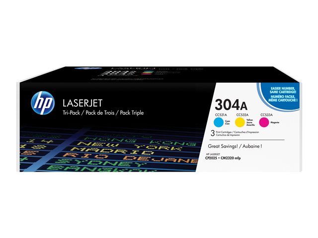 HP 304A - 3-pack - yellow, cyan, magenta - original - LaserJet - toner cartridge (CF372AM) - for Color LaserJet CM2320fxi, CM2320n, CM2320nf, CP2025, CP2025dn, CP2025n, CP2025x