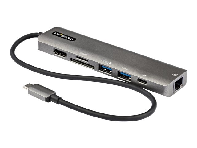 StarTech.com USB C Multiport Adapter, USB-C to 4K 60Hz HDMI 2.0, 100W Power Delivery Pass-through, SD/MicroSD, 2-Port USB 3.0 Hub, GbE, USB Type-C Mini Dock, 12\" (30cm) Long Attached Cable - Works w/Thunderbolt 3 (DKT30CHSDPD1) - Docking station - USB-C / Thunderbolt 3 - HDMI - 1GbE