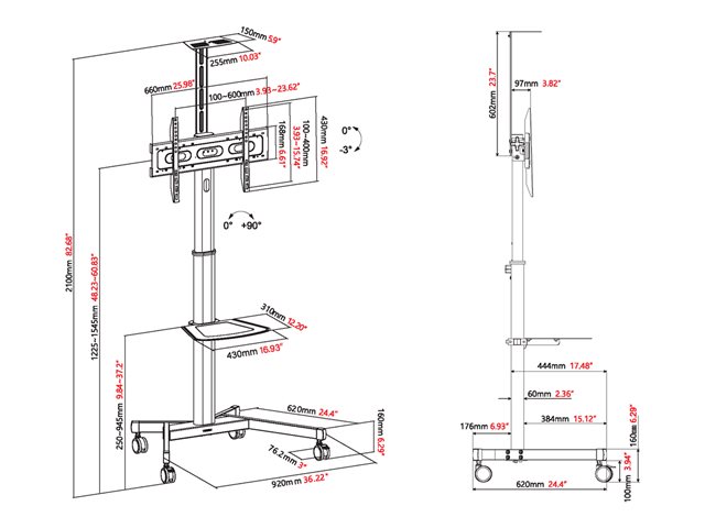VISION Value Display Floor Stand - LIFETIME WARRANTY - Steel construction - Trolley fits displays 31-80\" with VESA sizes up to 600 x 400 - Rotates portrait to landscape - Manual height adjustment that can be locked off to stop wobble - Tilt adjustmen