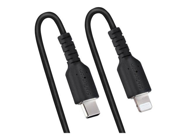 StarTech.com 50cm/20in USB C to Lightning Cable, MFi Certified, Coiled iPhone Charger Cable, Black, Durable and Flexible TPE Jacket Aramid Fiber, Heavy Duty Coil Charging Cable - Rugged USB Lightning Cable - Lightning cable - 24 pin USB-C male to Lightning male - 50 cm - black - coiled
