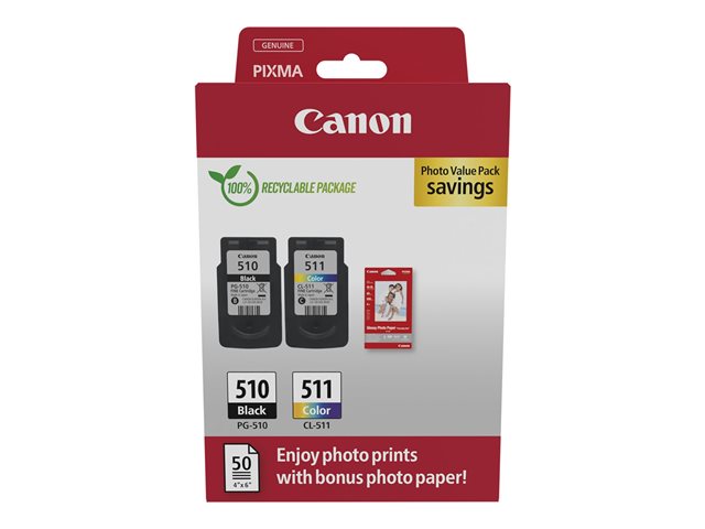 Canon PG-510/CL-511 Photo Paper Value Pack - 2-pack - black, colour (cyan, magenta, yellow) - original - hanging box - ink cartridge / paper kit - for PIXMA iP2700, MP230, MP252, MP272, MP280, MP282, MP492, MP495, MP499, MX360, MX410, MX420