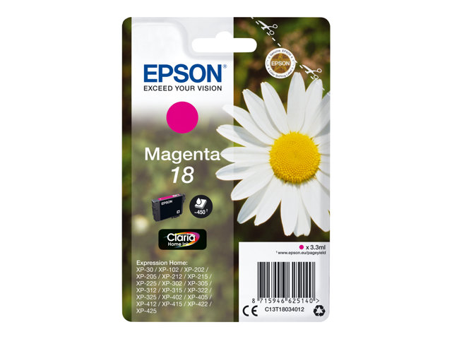 Epson 18 - 3.3 ml - magenta - original - ink cartridge - for Expression Home XP-212, 215, 225, 312, 315, 322, 325, 412, 415, 422, 425