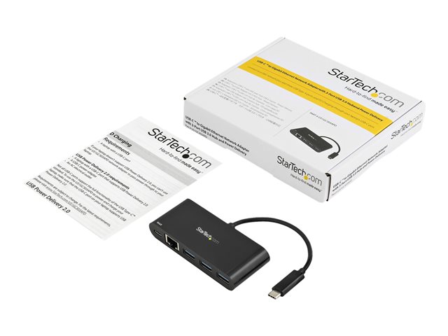 StarTech.com USB C to Ethernet Adapter - 3 Port - with Power Delivery (USB PD) - Power Pass Through Charging - USB C Adapter (US1GC303APD) - Network adapter - USB-C - Gigabit Ethernet - black