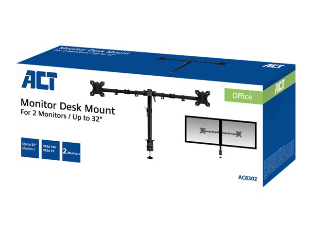 Bevestigingskit (klem, pakkingringklem, stand) - verstelbare dubbele armen - voor 2 LCD-schermen - plastic, aluminium, staal - schermgrootte: 10\"-32\" - bevestigingsinterface: 75 x 75 mm - te monteren op bureau
