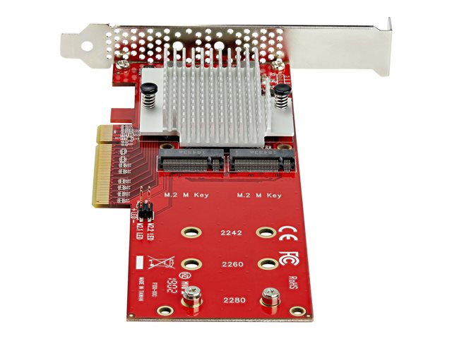 StarTech.com Dual M.2 PCIe SSD Adapter Card, x8 / x16 Dual NVMe or AHCI M.2 SSD to PCI Express 3.0, M.2 NGFF PCIe (M-Key) Compatible, Vented, Supports 2242, 2260, 2280, JBOD, Mac & PC - Full/Low-Profile Brackets (PEX8M2E2) - Interface adapter - M.2 - Expansion Slot to M.2 - M.2 Card - low profile - PCIe 3.0 x8 - red - TAA Compliant