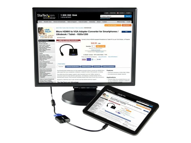 StarTech.com Micro HDMI® to VGA Adapter Converter for Smartphones / Ultrabook / Tablet - 1920x1080 - Micro HDMI Male to VGA Female (MCHD2VGAE2) - Video converter - HDMI - VGA - black