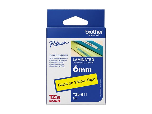 Brother TZe-611 - Black on yellow - Roll (0.6 cm) 1 cassette(s) laminated tape - for Brother PT-D210, D600, H110, P-Touch PT-1005, 1880, E310, P-Touch Cube Pro PT-P910