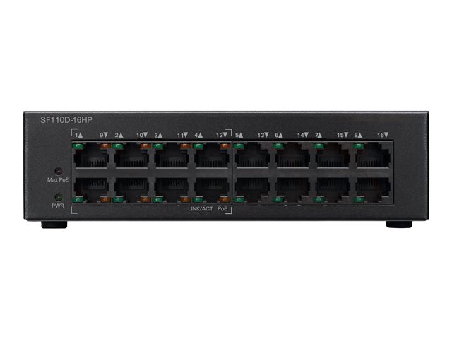 Cisco Small Business SF110D-16HP - Switch - unmanaged - 8 x 10/100 + 8 x 10/100 (PoE) - desktop, wall-mountable - PoE (64 W) - refurbished