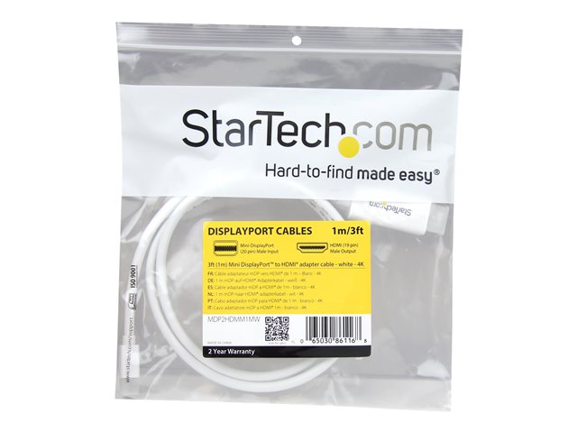 StarTech.com Mini DisplayPort to HDMI Converter Cable - 3 ft (1m) - mDP to HDMI Adapter with Built-in Cable - (M / M) Ultra HD 4K - White (MDP2HDMM1MW) - Adapter cable - Mini DisplayPort male to HDMI male - 1 m - white - 4K support