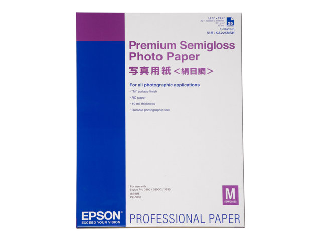Epson Premium Semigloss Photo Paper - Semi-glossy - A2 (420 x 594 mm) - 251 g/m² - 25 sheet(s) photo paper - for SureColor P5000, SC-P7500, P900, P9500, T2100, T3100, T3400, T3405, T5100, T5400, T5405
