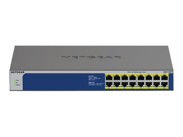 NETGEAR GS516PP - Switch - unmanaged - 16 x 10/100/1000 (PoE+) - desktop, rack-mountable - PoE+ (260 W)