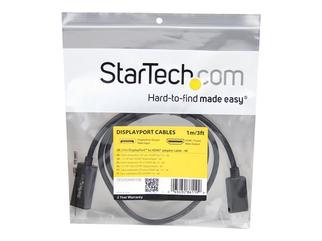 StarTech.com 3 ft (1 m) DisplayPort to HDMI Adapter Cable - 4K DisplayPort to HDMI Converter Cable - Computer Monitor Cable (DP2HDMM1MB) - Adapter cable - DisplayPort male to HDMI male - 1 m - black - 4K support - for P/N: TB3DK2DPPD, TB3DK2DPPDUE, TB3DK2DPW, TB3DK2DPWUE, TB3DKDPMAW, TB3DKDPMAWUE