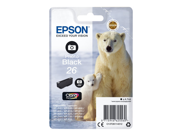 Epson 26 - 4.7 ml - photo black - original - blister with RF/acoustic alarm - ink cartridge - for Expression Premium XP-510, 520, 600, 605, 610, 615, 620, 625, 700, 710, 720, 800, 810, 820