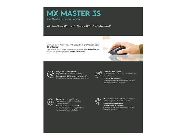 Logitech Master Series MX Master 3S - Bluetooth Edition - mouse - ergonomic - right-handed - optical - 7 buttons - wireless - Bluetooth - graphite