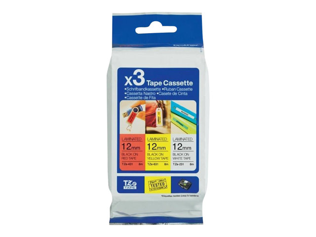 Brother TZe-31M3 - Black on red, black on white, black on yellow - Roll (1.2 cm x 8 m) 3 cassette(s) laminated tape - for P-Touch PT-1000, 1010, 1080, 1090, 1280, 1830, 3600, 7500, 7600, 900, E100, E550, H100
