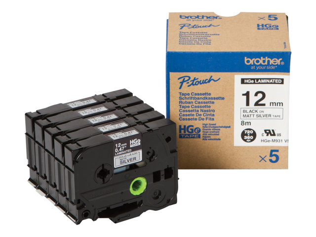 Brother HGE-M931V5 - Black on silver - Roll (1.2 cm x 8 m) 5 cassette(s) laminated tape - for P-Touch PT-9500pc, PT-9700PC, PT-9800PCN, P-Touch R RL-700S