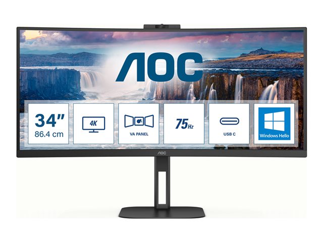AOC Value-line CU34V5CW/BK - V5 series - LED monitor - curved - 34\" - 3440 x 1440 WQHD @ 100 Hz - VA - 300 cd/m² - 3000:1 - 4 ms - HDMI, DisplayPort, USB-C - speakers - black