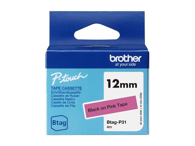 Brother BTAG-P31 - Black on pink - Roll (1.2 cm x 4 m) 1 cassette(s) hanging box - label tape - for P-Touch PT-N10, PT-N20, PT-N25BT