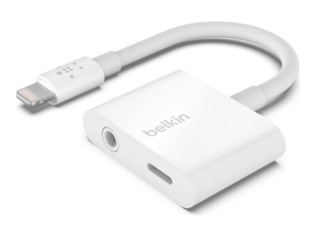 Belkin 3.5 mm Audio + Charge RockStar - Lightning to headphone jack / charging adapter - Lightning male to 4-pole mini jack, Lightning female - white