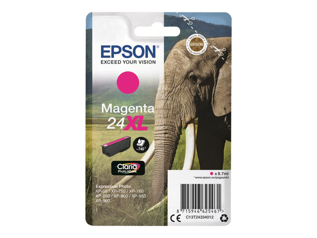 Epson 24XL - 8.7 ml - XL - magenta - original - ink cartridge - for Expression Photo XP-55, 750, 760, 850, 860, 950, 960, 970, Expression Premium XP-750, 850