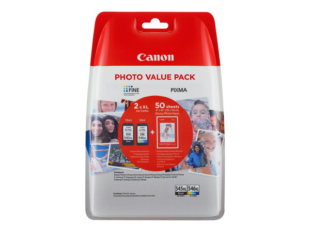 Canon PG-545 XL/CL-546XL Photo Value Pack - 2-pack - High Yield - black, colour (cyan, magenta, yellow) - original - 100 x 150 mm 50 sheet(s) blister - ink cartridge / paper kit - for PIXMA TR4551, TR4650, TR4651, TS3350, TS3351, TS3352, TS3355, TS34