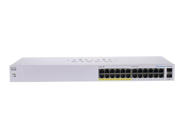 Cisco Business 110 Series 110-24PP - Switch - unmanaged - 12 x 10/100/1000 (PoE) + 12 x 10/100/1000 + 2 x combo Gigabit SFP - rack-mountable, desktop, wall-mountable - PoE (100 W)