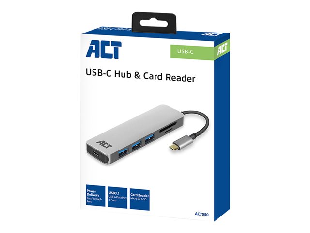 ACT USB-C to USB-A Hub 3 ports with card-reader and PD Pass-through, metal housing (retail)