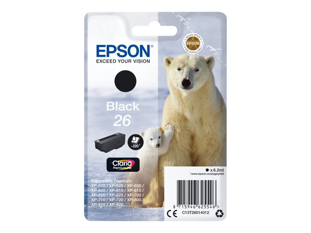 Epson 26 - 6.2 ml - black - original - ink cartridge - for Expression Premium XP-510, 520, 600, 605, 610, 615, 620, 625, 700, 710, 720, 800, 810, 820