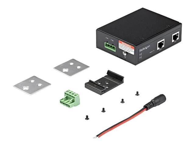 StarTech.com Industrial Gigabit Ethernet PoE Injector, 30W 802.3at PoE+ Midspan 48V-56VDC DIN Rail Power Over Ethernet Injector Adapter, -40C to +75C Cameras/Sensors/WiFi Access, 30W PoE - Midspan PoE Injector (POEINJ30W) - PoE injector - 30 Watt - output connectors: 2 - black