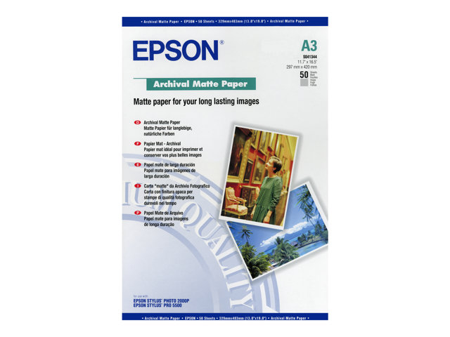 Epson Archival Matte Paper - Matte - A3 (297 x 420 mm) - 192 g/m² - 50 sheet(s) paper - for SureColor SC-P700, P7500, P900, P9500, T2100, T3100, T3400, T3405, T5100, T5400, T5405