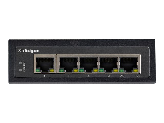 StarTech.com Industrial 5 Port Gigabit PoE Switch, 30W, Power Over Ethernet Switch, Hardened GbE PoE+ Unmanaged Switch, Rugged High Power Gigabit Network Switch IP-30 Housing/-40 C to 75 C - Gigabit Ethernet PoE (IESC1G50UP) - Switch - unmanaged - 4 x 10/100/1000 (PoE+) + 1 x 10/100/1000 - DIN rail mountable, wall-mountable - PoE+ (120 W) - DC power