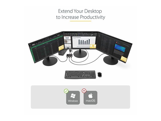 StarTech.com 3-Port Multi Monitor Adapter, DisplayPort 1.2 to HDMI MST Hub, Triple 1080p HDMI Monitor, Video Splitter for Extended Desktop Mode on Windows PCs Only, DP to 3x HDMI MST Hub - Multi Stream Transport (MSTDP123HD) - Video/audio splitter - 3 x HDMI - desktop - AC 100/240 V
