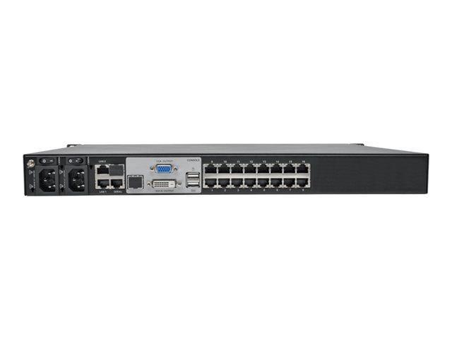 Eaton Tripp Lite series 16-Port KVM Switch Cat5 Over IP 1 Local 4 Remote User 1U TAA GSA - KVM switch - CAT5 - 16 x KVM port(s) - 1 local user - 4 IP users - desktop - TAA Compliant