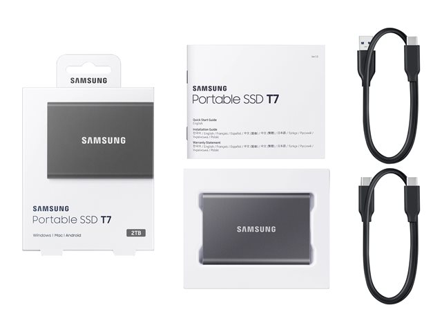 Samsung T7 MU-PC2T0T - SSD - encrypted - 2 TB - external (portable) - USB 3.2 Gen 2 (USB-C connector) - 256-bit AES - titan grey