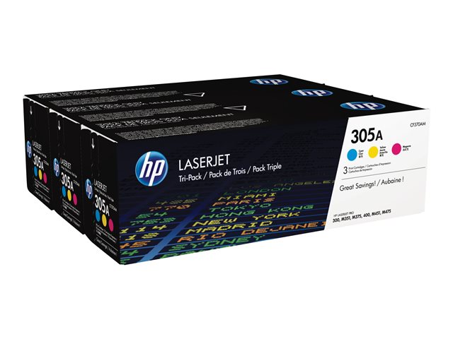 HP 305A - 3-pack - yellow, cyan, magenta - original - LaserJet - toner cartridge (CF370AM) - for LaserJet Pro 300 M351, 400 M451, MFP M375, MFP M475