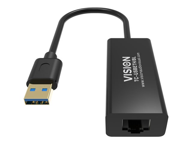 VISION Professional installation-grade USB-A to RJ45 Ethernet network adapter - LIFETIME WARRANTY - 100/1000 mbps - fast ethernet mac - supports suspend/resume detection logic and control endpoint - USB-A 3.0 (M) to shielded RJ45 (F) - driver on USB adaptor - black