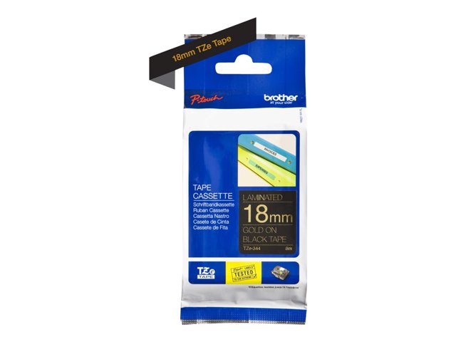 Brother TZe-344 - Standard adhesive - gold on black - Roll (1.8 cm x 8 m) 1 cassette(s) laminated tape - for Brother PT-D600, P750, P950, P-Touch PT-1880, D450, D800, E310, E550, E800, P900, P950
