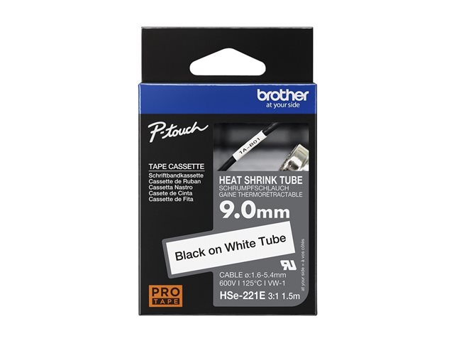 Brother HSe-221E - Black on white - Roll (0.9 cm x 1.5 m) 1 cassette(s) hanging box - heat shrink tube tape - for P-Touch PT-D800, PT-E300, PT-E310, PT-E550, PT-P700, PT-P750, PT-P900, PT-P950