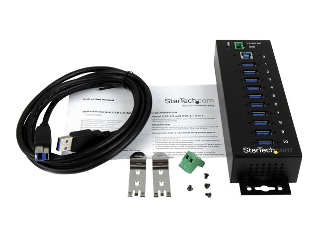 StarTech.com 10-Port USB 3.0 Hub - Metal Industrial USB-A Hub with ESD & Surge Protection - Din Rail, Wall or Desk Mountable - TAA Compliant USB Expander Hub (ST1030USBM) - Hub - 10 x SuperSpeed USB 3.0 - DIN rail mountable - DC power - for P/N: ITB20D3250, USB312SAT3CB, USB315CB2M, USBLT1MWS, USBLT2MBR, USBLTM1MBK, USBLTM1MWH