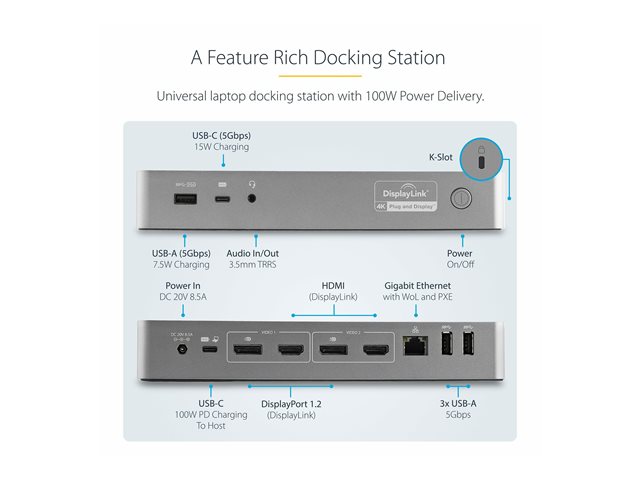 StarTech.com USB-C & USB-A Dock, Hybrid Universal Laptop Docking Station with 100W Power Delivery, Dual Monitor 4K 60Hz HDMI & DisplayPort, 4x USB 3.1 Gen 1 Hub, Gigabit Ethernet (GbE) - Hybrid USB Type-C Dock (DK30C2DPEPUE) - Docking station - USB-C - 2 x HDMI, 2 x DP - 1GbE - 170 Watt