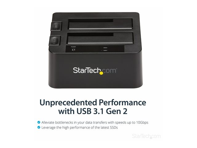 StarTech.com Dual-Bay USB 3.1 to SATA Hard Drive Docking Station, USB 3.1 (10 Gbps) Hard Drive Dock, External 2.53.5 SATA IIIIII, SSDHDD Docking Station, Hot-Swap Hard Drive Bay - Top-Loading - Storage controller - 2.5\", 3.5\" - USB 3.1 (Gen 2) - black