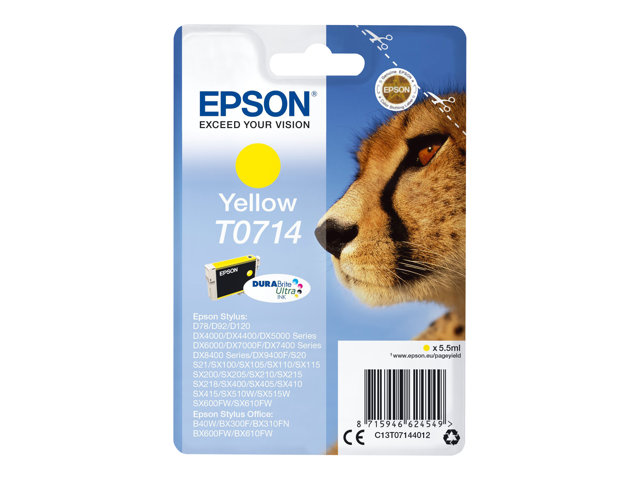 Epson T0714 - 5.5 ml - yellow - original - ink cartridge - for Stylus DX9400, SX115, SX210, SX215, SX218, SX415, SX515, SX610, Stylus Office BX310, BX610