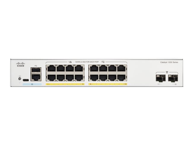 Cisco Catalyst 1200-16P-2G - Switch - L3 - smart - 16 x 10/100/1000 (PoE+) + 2 x Gigabit Ethernet SFP - rack-mountable - PoE+ (120 W)