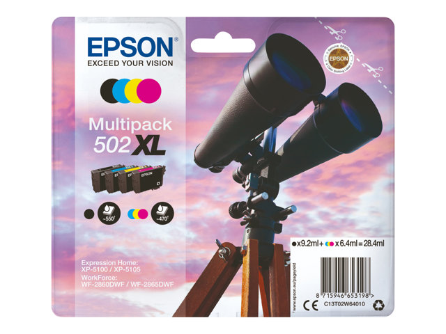 Epson 502XL Multipack - 4-pack - pigmented black, yellow, cyan, magenta - original - mailable - ink cartridge - for Expression Home XP-5100, 5105, 5150, 5155, WorkForce WF-2860, 2865, 2880, 2885