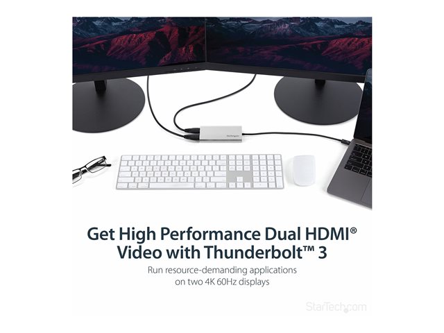 StarTech.com Thunderbolt 3 to Dual HDMI 2.0 Adapter - 4K 60Hz Dual Monitor TB3 HDMI Video Adapter - Thunderbolt 3 Certified -Mac & Windows (TB32HD24K60) - Adapter cable - 24 pin USB-C male to HDMI female - 28.4 m - silver - active, 4K60Hz (4096 x 2160) support - for P/N: TB33A1C