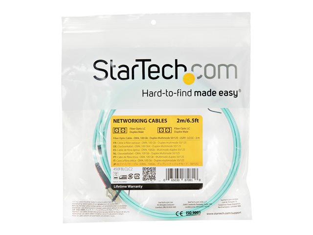 StarTech.com Aqua OM4 Duplex Multimode Fiber - 2m / 6 ft - 100 Gb - 50/125 - OM4 Fiber - LC to LC Fiber Patch Cable (450FBLCLC2) - Network cable - LC multi-mode (M) to LC multi-mode (M) - 2 m - fibre optic - duplex - 50 / 125 micron - OM4 - aqua