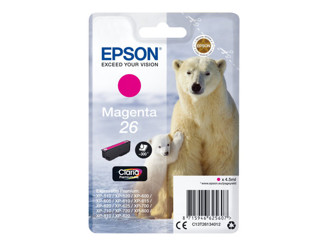 Epson 26 - 4.5 ml - magenta - original - blister with RF/acoustic alarm - ink cartridge - for Expression Premium XP-510, 520, 600, 605, 610, 615, 620, 625, 700, 710, 720, 800, 810, 820
